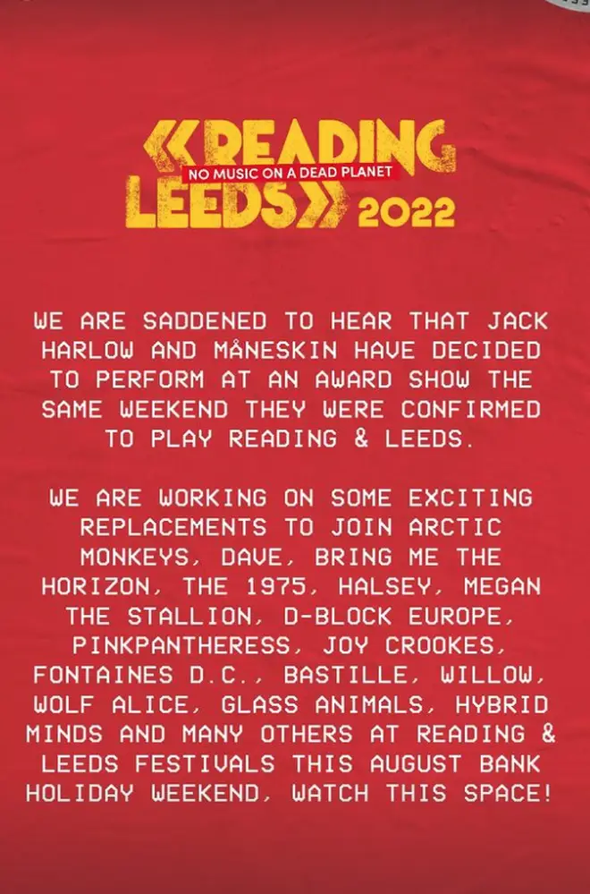 Reading and Leeds put out a statement confirming Maneskin and Jack Harlow would no longer be performing