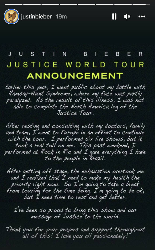 Justin Bieber has suspended the rest of his Justice World Tour