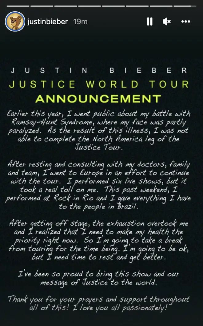 Justin Bieber has cancelled the remainder of his Justice World Tour dates