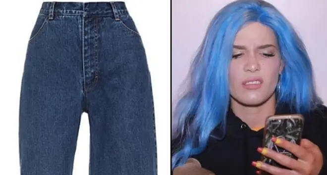 Asymmetric jeans/Halsey looking at her phone.
