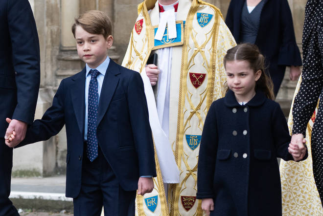 Prince George of Cambridge and Princess Charlotte of Cambridge attend the memorial service for the Duke Of Edinburgh