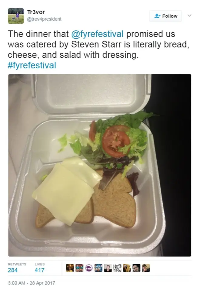 Fyre Festival went viral after 'luxury meal' revealed to be cheese and bread