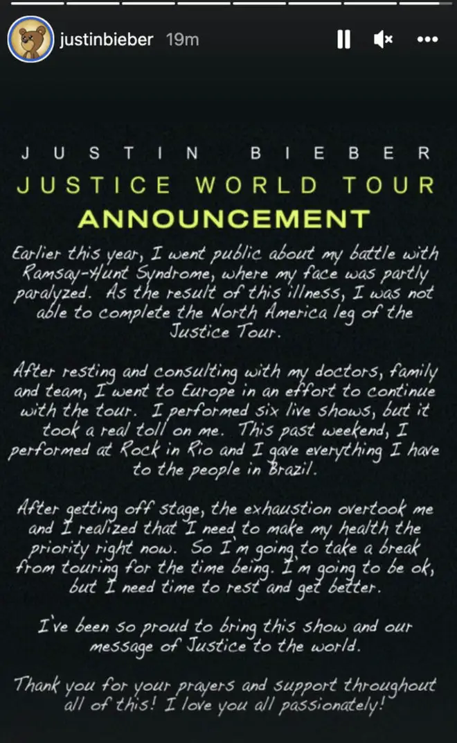 Last month Justin Bieber said his upcoming tour dates would be postponed