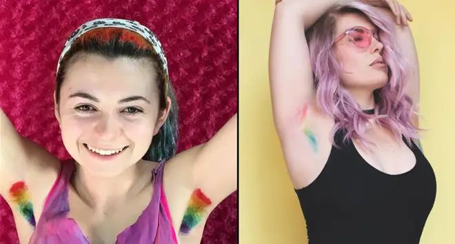 Two women with rainbow/unicorn armpit hair.