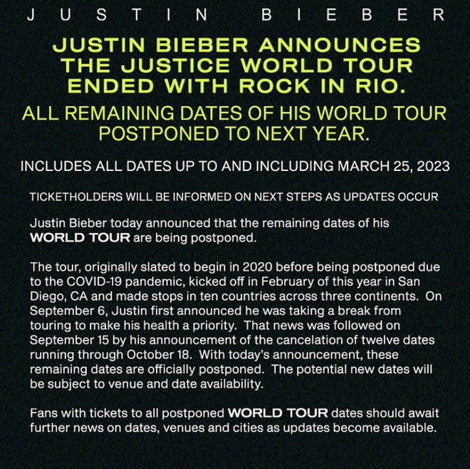 Justin Bieber cancelled the remainder of his tour until March 2023