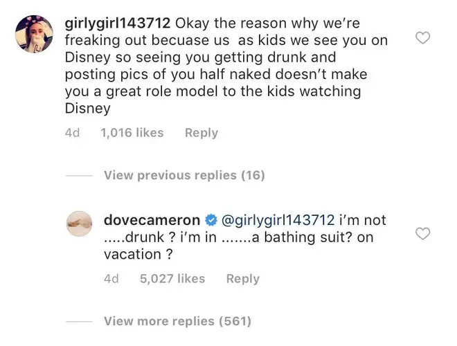 Dove Cameron responds to complaints about her bikini Instagram post