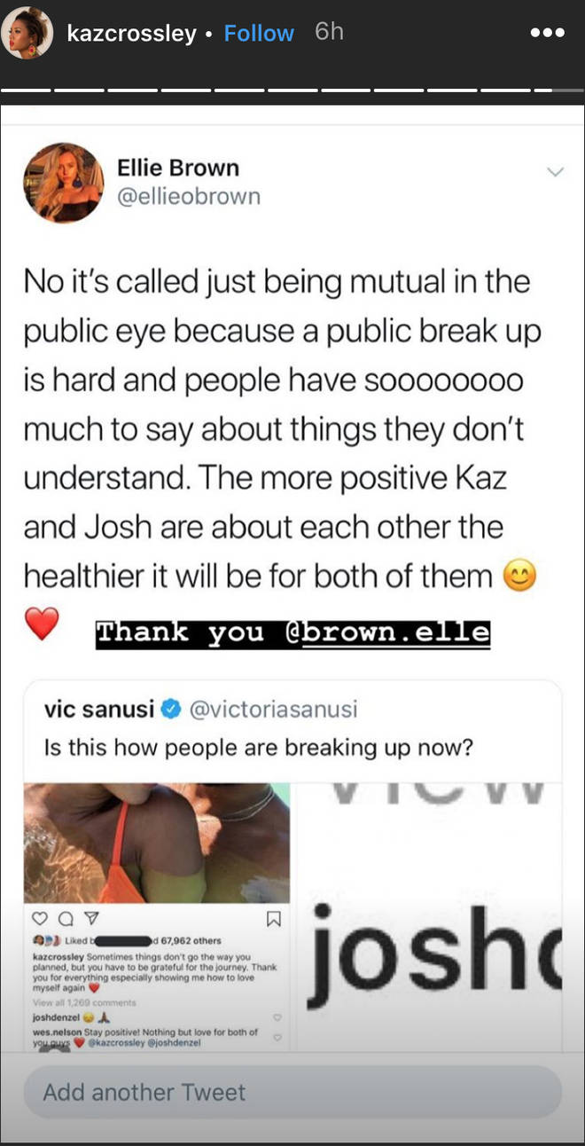 Kaz thanked Ellie for defending her on Twitter.