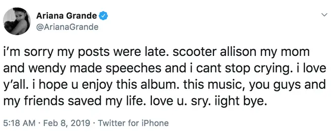 Ariana Grande posts emotional tweet about album saving her life