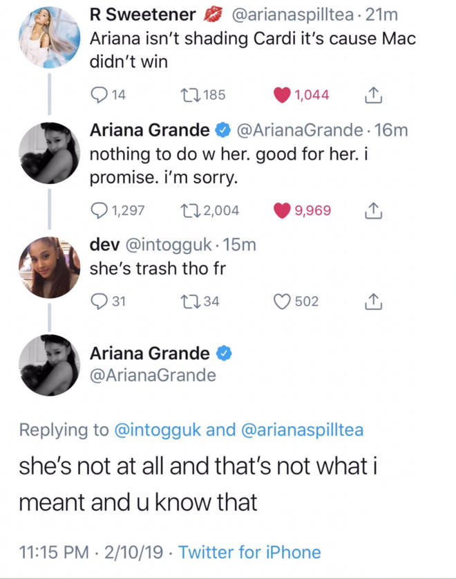 Ariana Grande assured she wasn't shading Cardi B