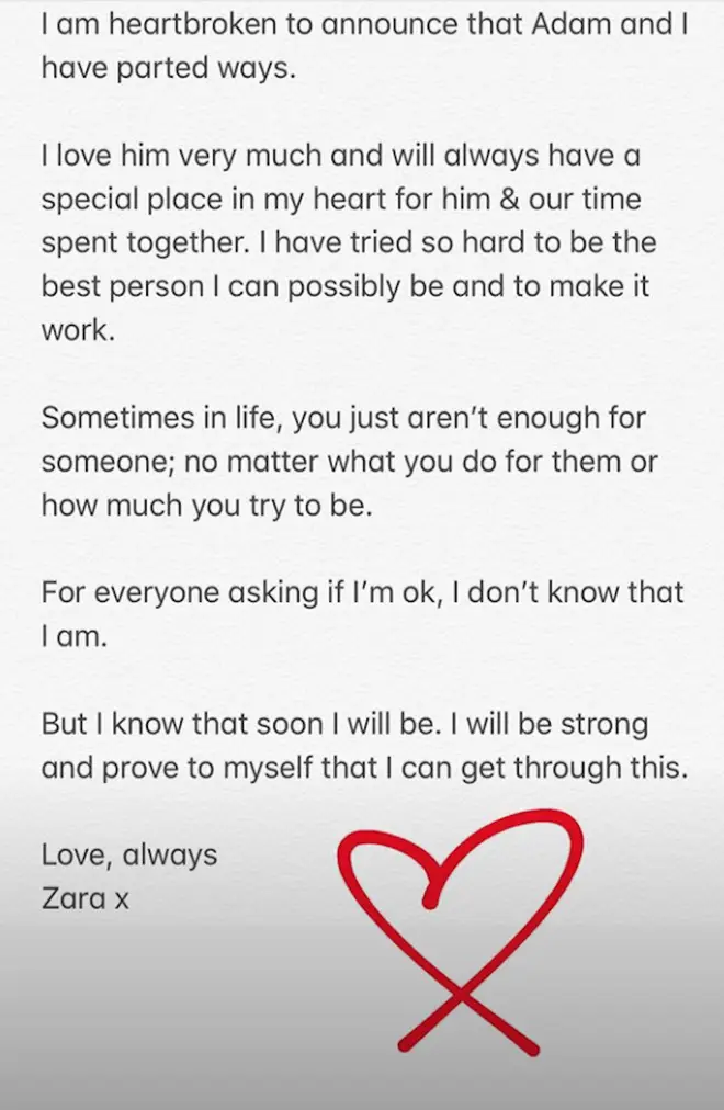 Zara McDermott announced her split from Adam Collard on Instagram