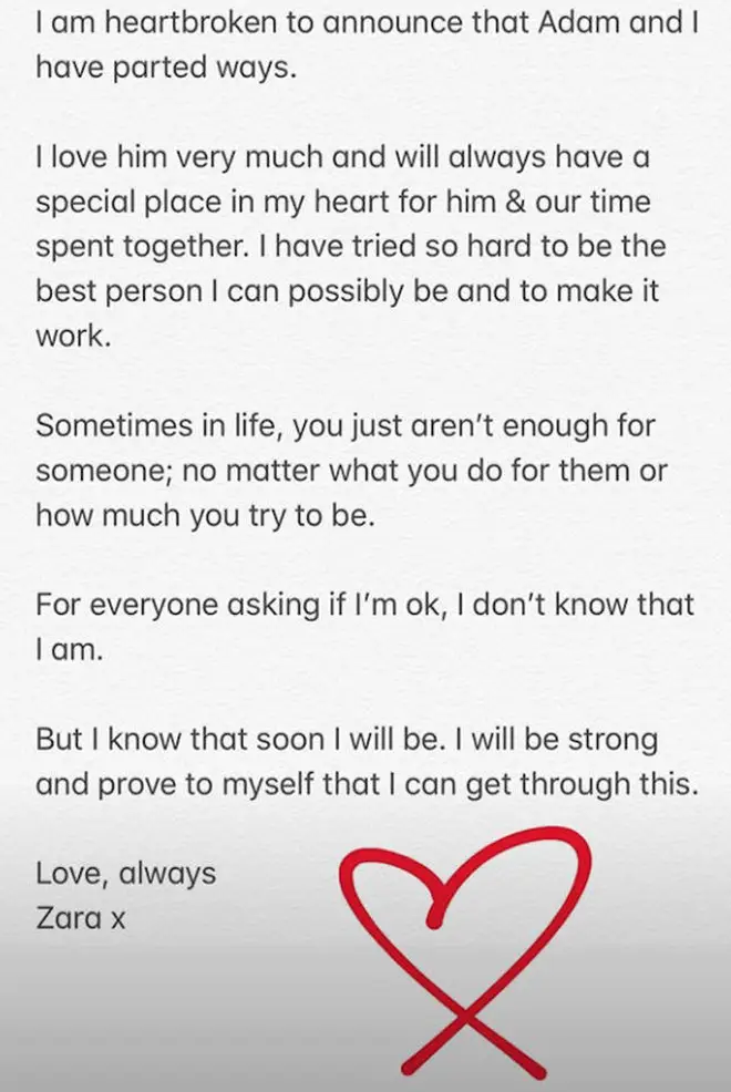 Zara McDermott posts emotional break up statement on Instagram