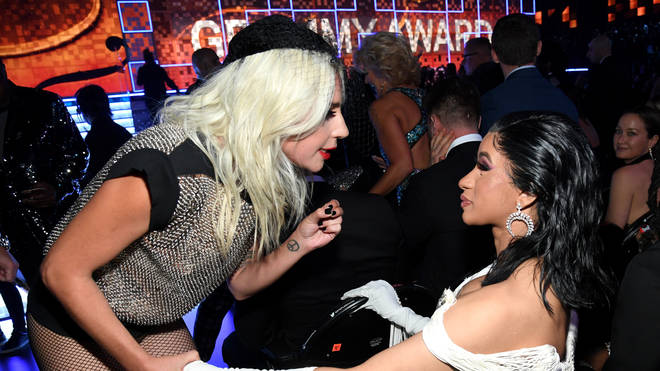 Lady Gaga speaks to Cardi B at the 61st Annual GRAMMY awards show