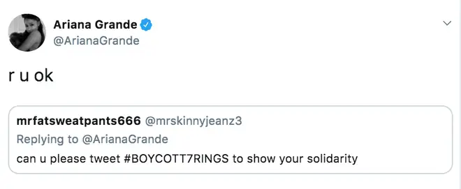 Ariana Grande responds to fan who asks her to boycott 7 Rings