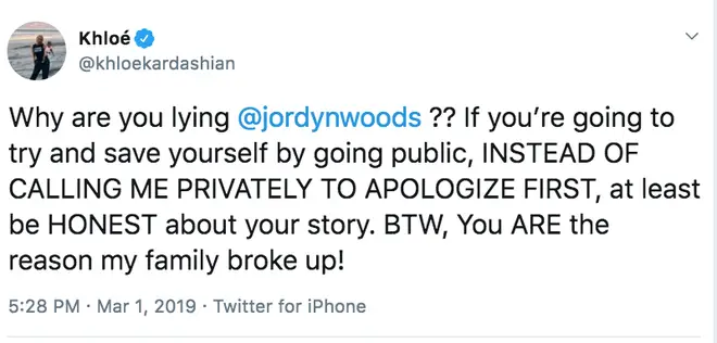 Jordyn Woods branded a liar by Khloé Kardashian