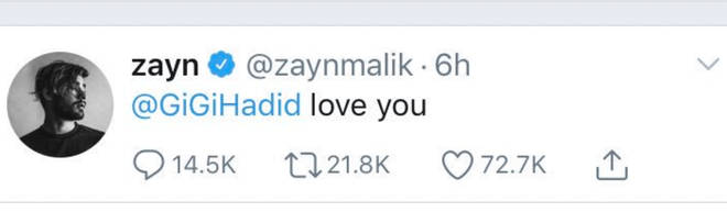 Zayn Malik tweets Gigi Hadid he loves her