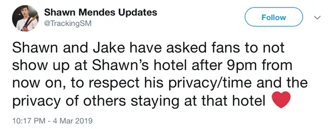 Shawn Mendes has asked fans to respect his privacy while on tour