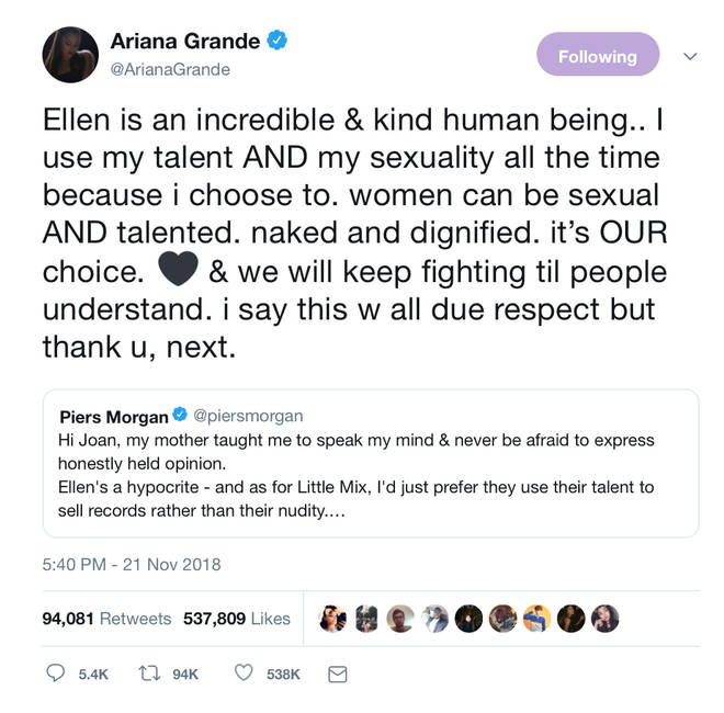 Ariana Grande defended herself and Little Mix after Piers Morgan's comments