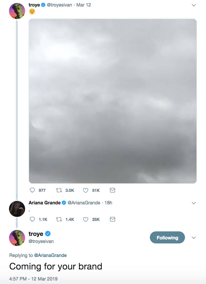 Troye Sivan 'summoned' Ariana Grande with a picture of clouds