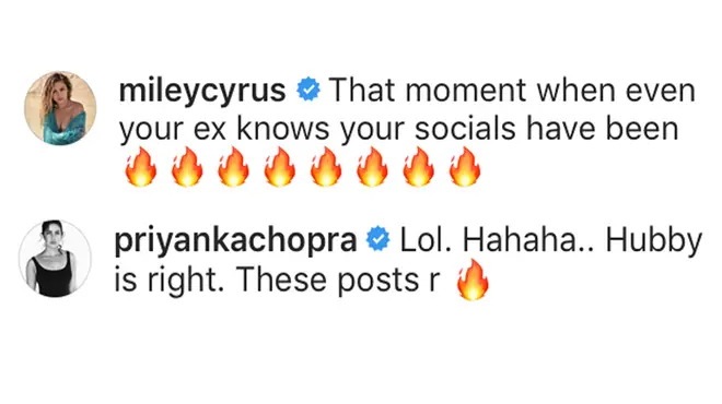 Nick Jonas' wife Priyanka Chopra replied to Miley's screenshot of the DMs with her ex