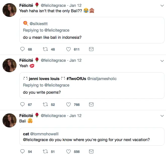 Félicité Tomlinson had tweeted in January about visiting Bali