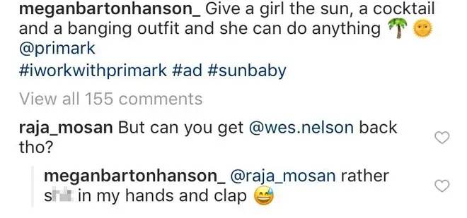 Megan Barton-Hanson responded to a comment about Wes Nelson via Instagram