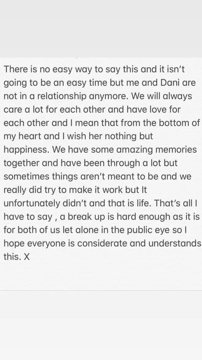 Jack Fincham posted about his split from Dani Dyer on Instagram