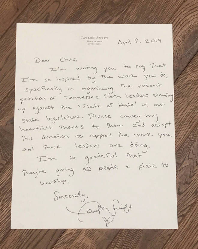 Taylor Swift wrote a letter stating her feelings.