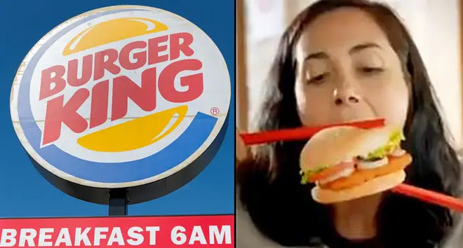 Burger King Restaurant Signage/woman eating a burger with chopsticks