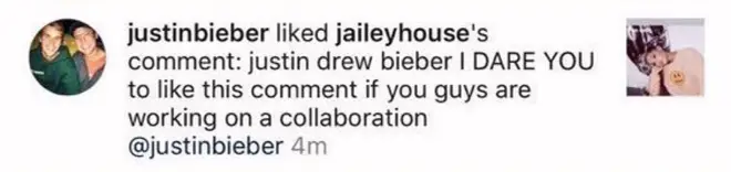 Justin Bieber liked a message hinting at a collab with Ariana Grande