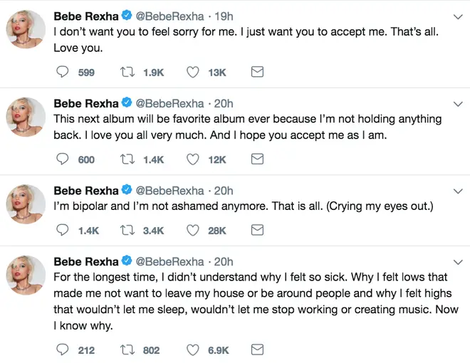 Bebe Rexha opened up about her bipolar disorder in a series of tweets