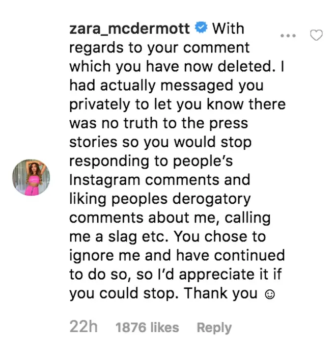 Zara McDermott commented on ex Adam Collard's Instagram upload