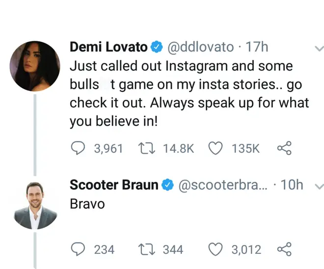 Scooter Braun replies to Demi Lovato on Twitter