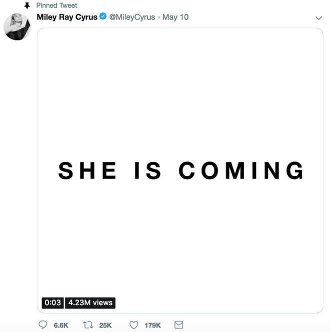 Miley Cyrus has hinted her album name is 'She Is Coming'