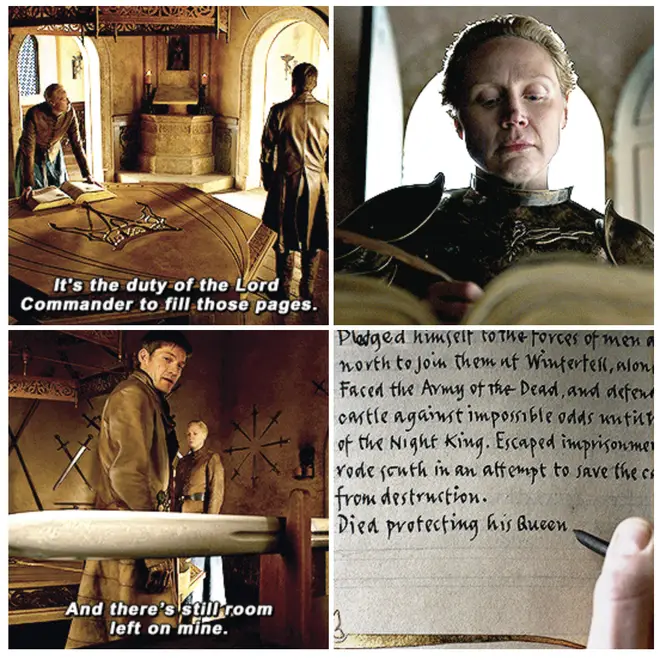 Jaime Lannister spoke to Brienne of Tarth about his entry in the Book of Brothers
