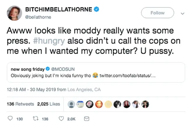 Bella Thorne replies to Mod Sun on Twitter