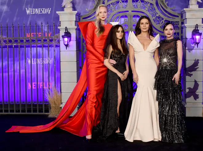 Gwendoline Christie, Jenna Ortega, Catherine Zeta-Jones and Christina Ricci at the World Premiere Of Netflix's Wednesday