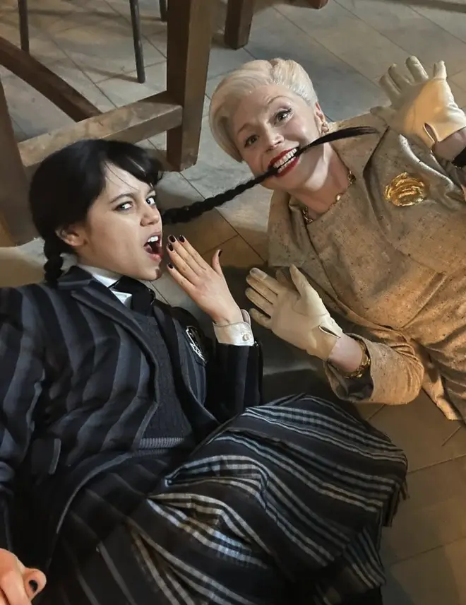 Gwendoline Christie and Jenna Ortega lark about on set of Wednesday