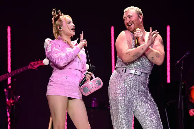 Kim Petras and Sam Smith on stage at Capital's Jingle Bell Ball