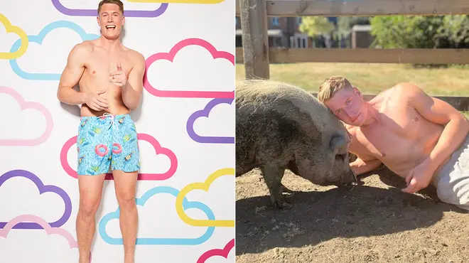 Love Island's Will Young in holiday trunks posing alongside his pig
