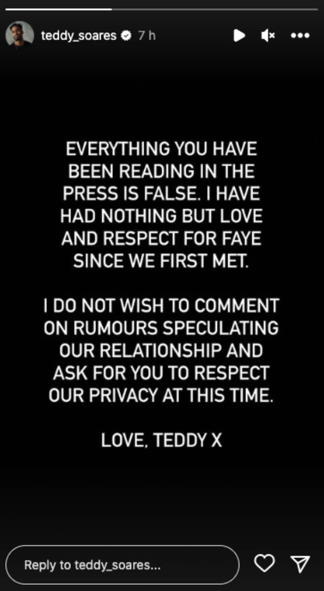 Teddy broke his silence on those Faye split rumours