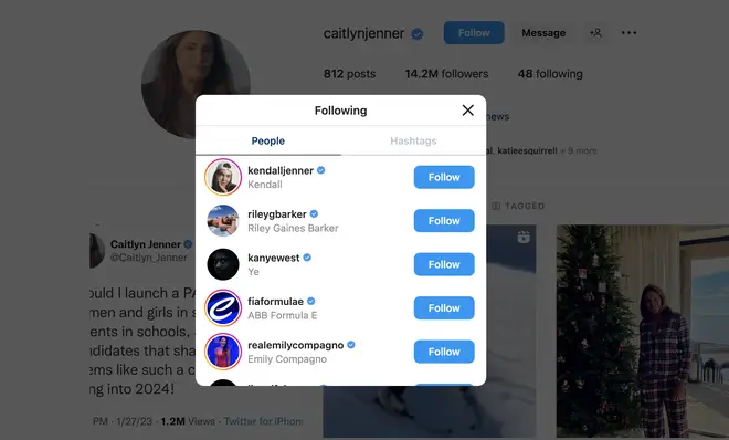 Kendall is Caitlyn's most recent followed account