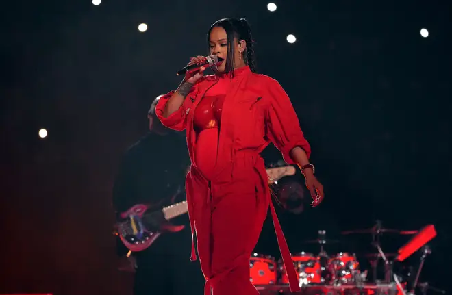 Rihanna showcased her baby bump for the first time during the Super Bowl halftime performance