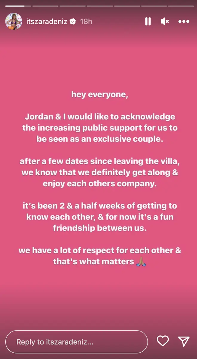 Love Island's Zara confirmed her split from Jordan
