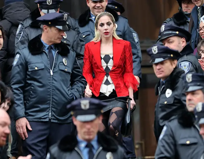 Lady Gaga was in her full Harley Quinn costume while filming in New York