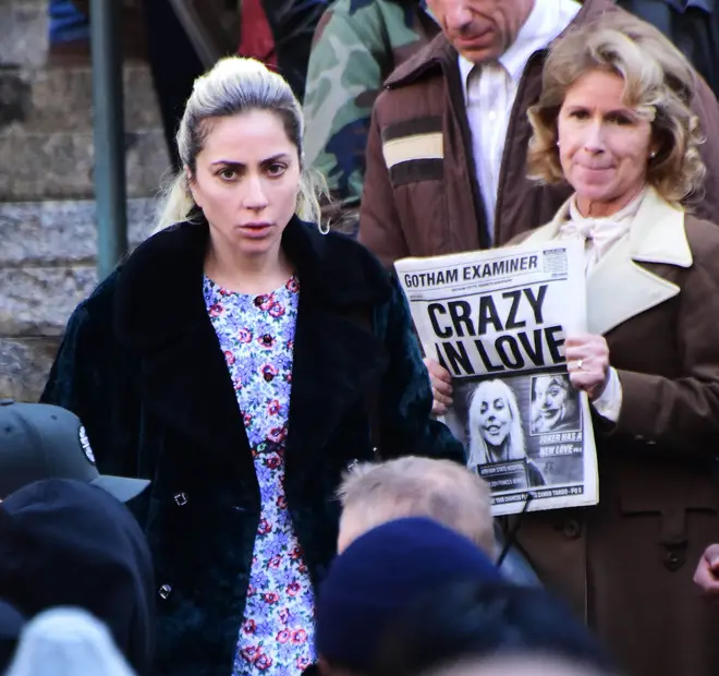 Lady Gaga kept a stern look on her face while filming