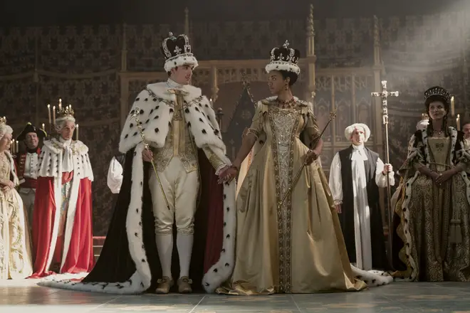 King George III hides his illness from Queen Charlotte in the early Bridgerton episodes