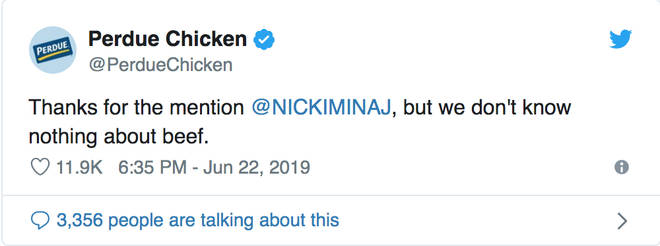 Perdue Chicken responds to Nicki Minaj using them as an insult
