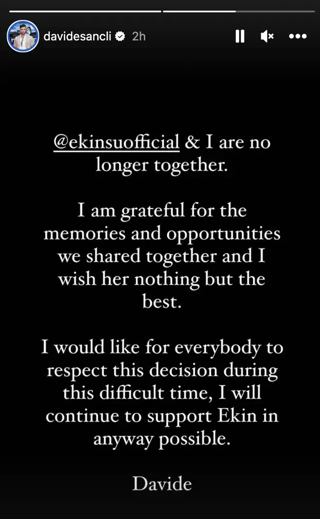 Davide confirmed his split from Ekin-Su in a statement on Instagram
