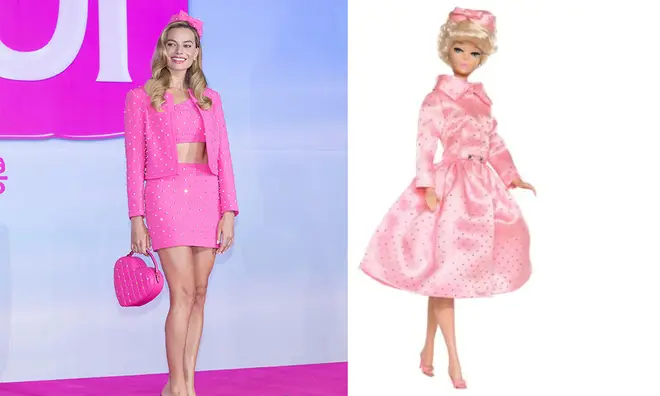 Margot wore this Moschino look similar to 'sparkling pink' 1964 Barbie