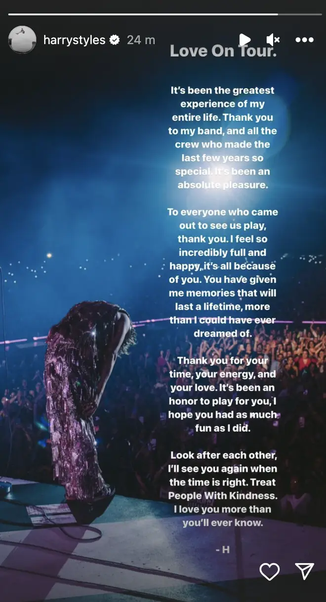 Harry Styles shared a heartfelt message with fans after the end of his Love On Tour shows